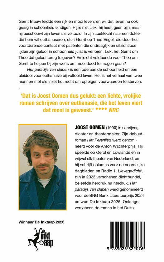 Foto van Joost Oomen met grijze trui. Titel 'Het paradijs van slapen' en 'Winnaar De Inktaap 2026'.