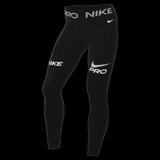 Zwarte Nike sportlegging met witte Nike Pro-logo's op de tailleband en dijbenen.