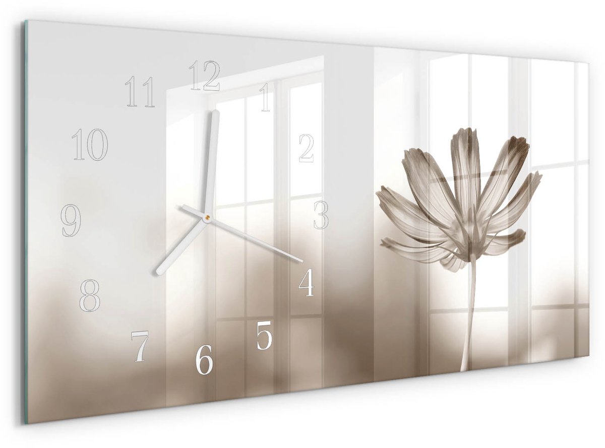 TULUP Wandklok - Bloem Decoratieve Glazen Klok - 60x30 cm - Beige Glazen Wandklok Design - Witte Handen - Rechthoekige Wandklok - Glazen Klok Met Print - Wandklok Glas Met Motief Beige - Bloem