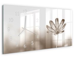 Tulup Wandklok - Bloem Decoratieve Glazen Klok - 60x30 cm - Beige Glazen Wandklok Design - Witte Handen - Rechthoekige Wandklok - Glazen Klok Met Print - Wandklok Glas Met Motief