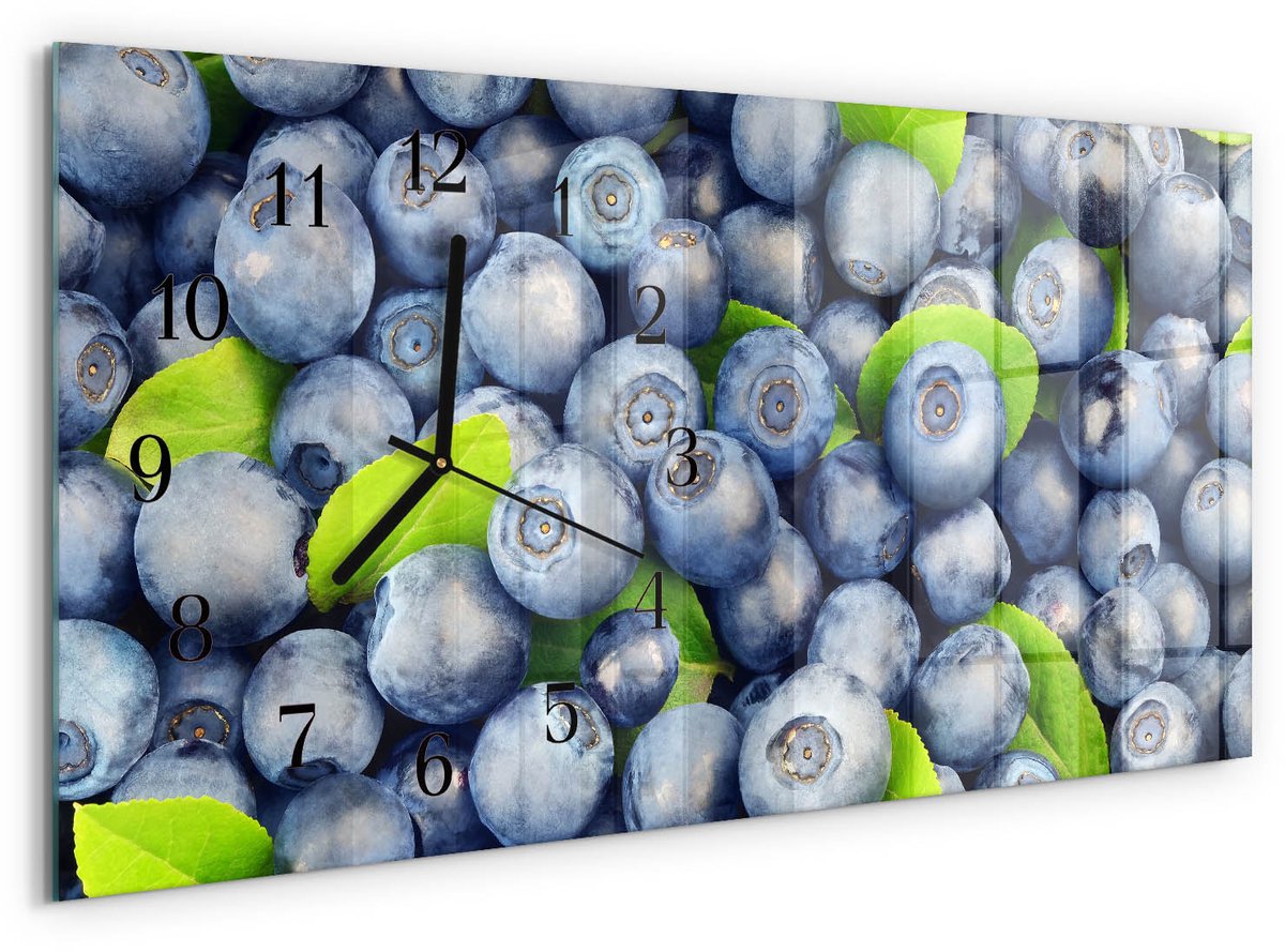 TULUP Wandklok - Bessen Decoratieve Glazen Klok - 60x30 cm - Blauw Glazen Wandklok Design - Zwarte Handen - Rechthoekige Wandklok - Moderne Wandklok Glas - Wandklok Glas Decoratie Blauw - Bessen