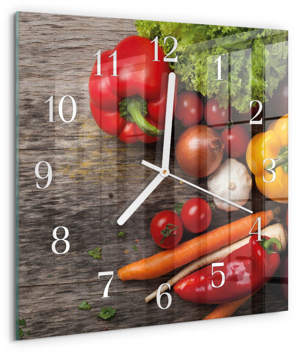Tulup Wandklok - Groenten Moderne Wandklok Glas - 30x30 cm - Veelkleurig Wandklok Glas Decoratie - Witte Handen - Vierkante Wandklok - Decoratieve Glazen Klok - Glazen Wandklok Design