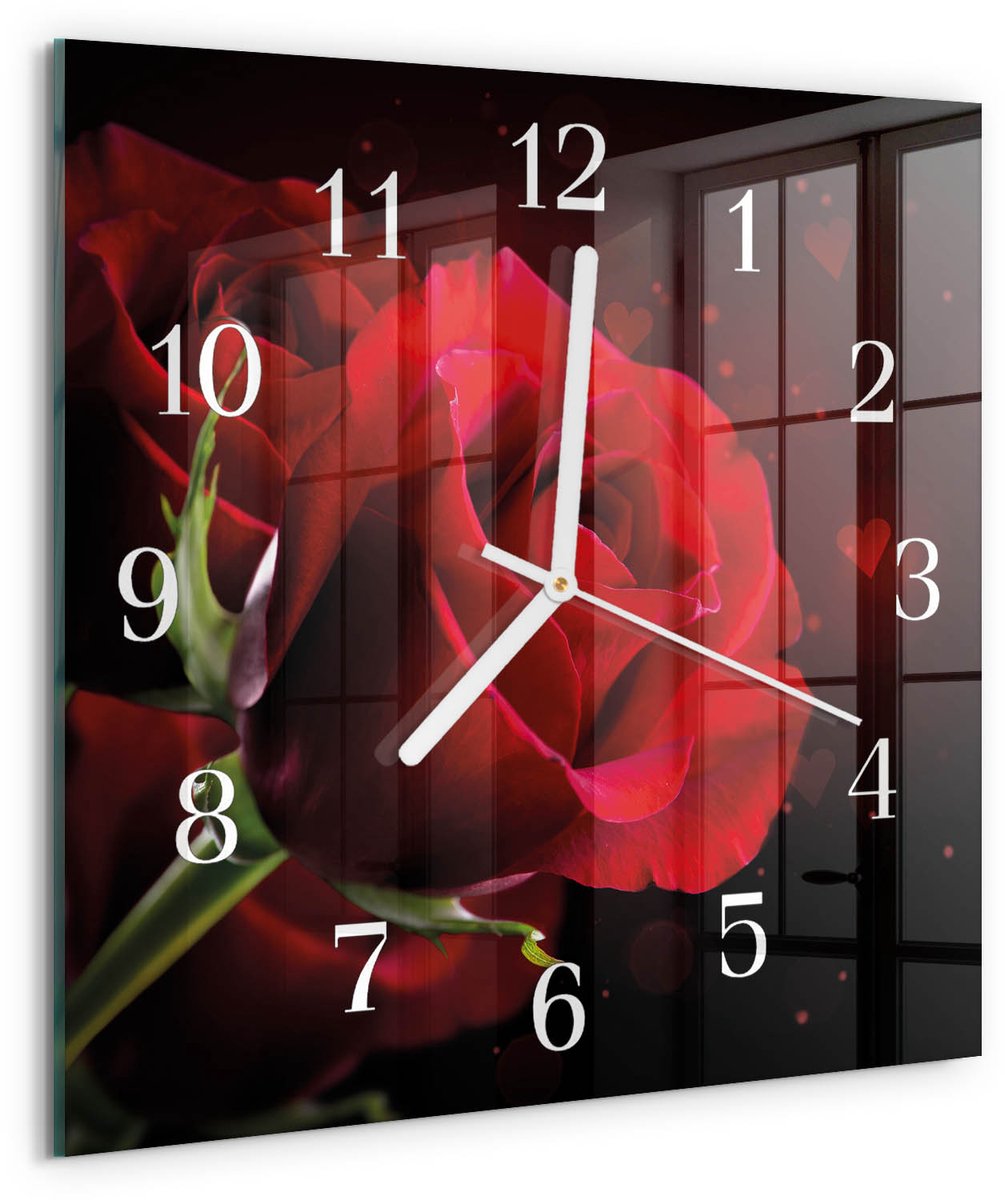 Tulup Wandklok - Rozen Moderne Glazen Wandklok - 30x30 cm - Rood Wandklok Glas Met Motief - Witte Handen - Vierkante Wandklok - Moderne Wandklok Glas - Wandklok Glas Decoratie