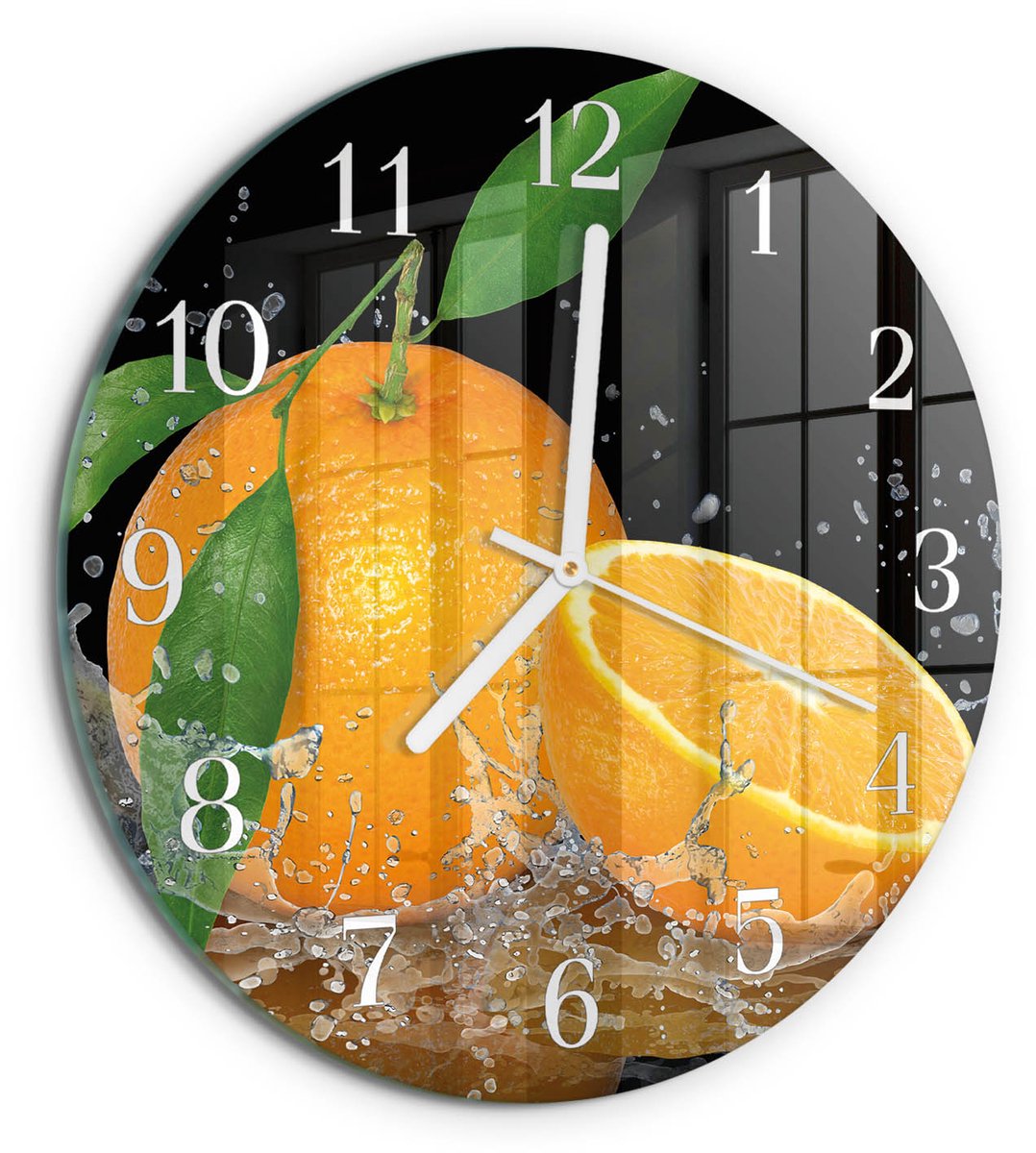 TULUP Wandklok - sinaasappels Glazen Wandklok Design - 30fi cm - Oranje Klok Glas Met Opdruk - Witte Handen - Ronde Wandklok - Glazen Wandklok Design - Klok Glas Met Opdruk Oranje - sinaasappels