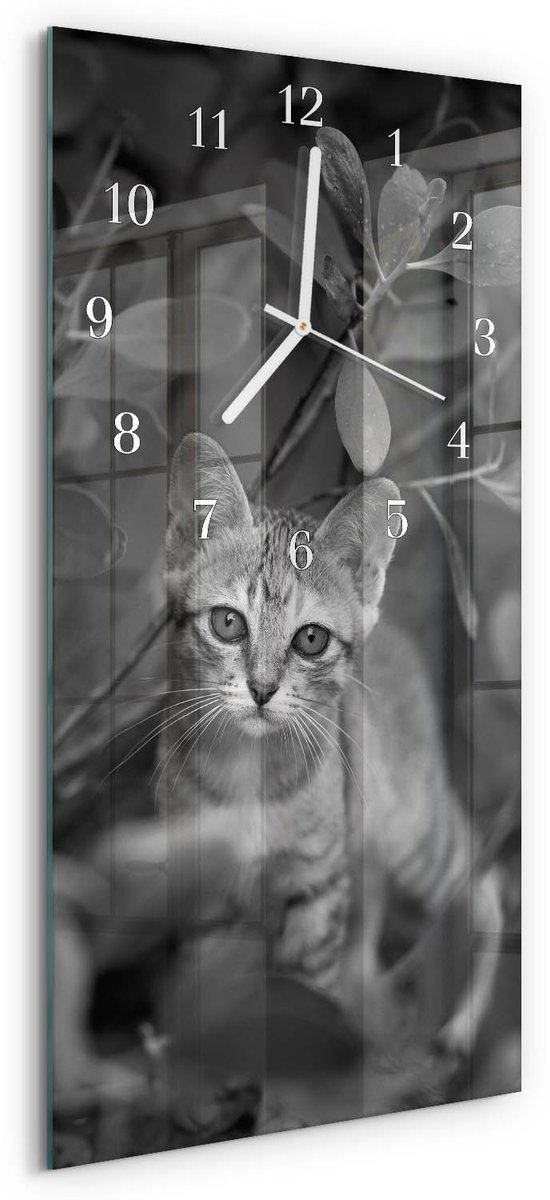 TULUP Wandklok - Kat Wandklok Glas Met Motief - 30x60 cm - Grijs Decoratieve Glazen Klok - Witte Handen - Rechthoekige Wandklok - Glazen Klok Met Print - Wandklok Glas Met Motief Grijs - Kat