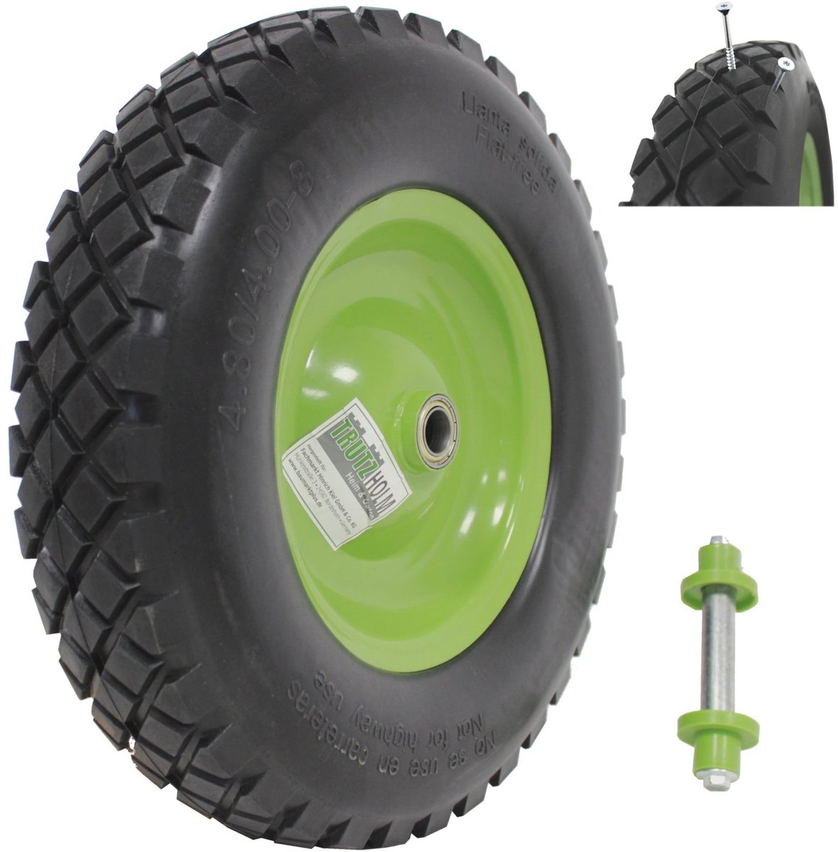Kruiwagenwiel groen/zwart massief rubber 4.80/4.00-8 + as Reservewiel Band kruiwagen PU