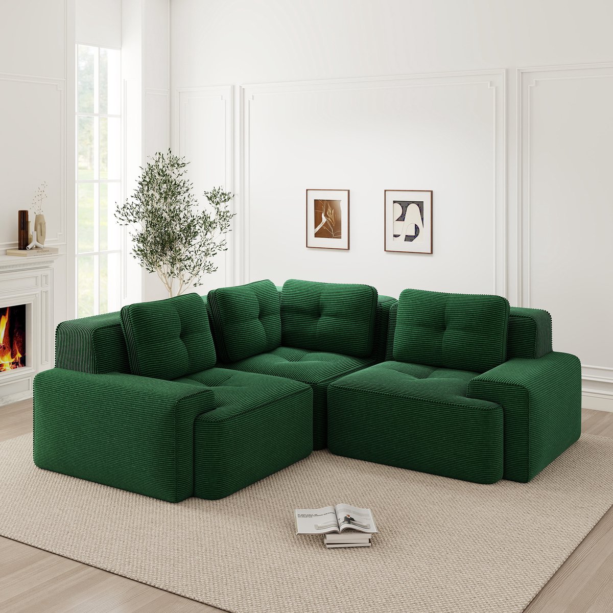 REDOM Modulaire 3-Zits Hoekbank – Diepe Zitting van 74 cm – Ribstof Bekleding – Groen – 177 x 104 x 69 cm