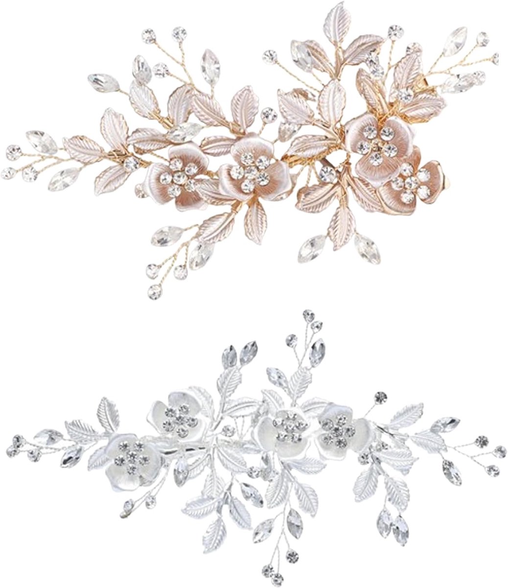 JeiibrZui Bruiloft Haarspange Set - 16x6 Cm - 2 Stuks Decoratieve Kammen - Zilver En Roségoud Voor Bruid En Bruidsmeisjes