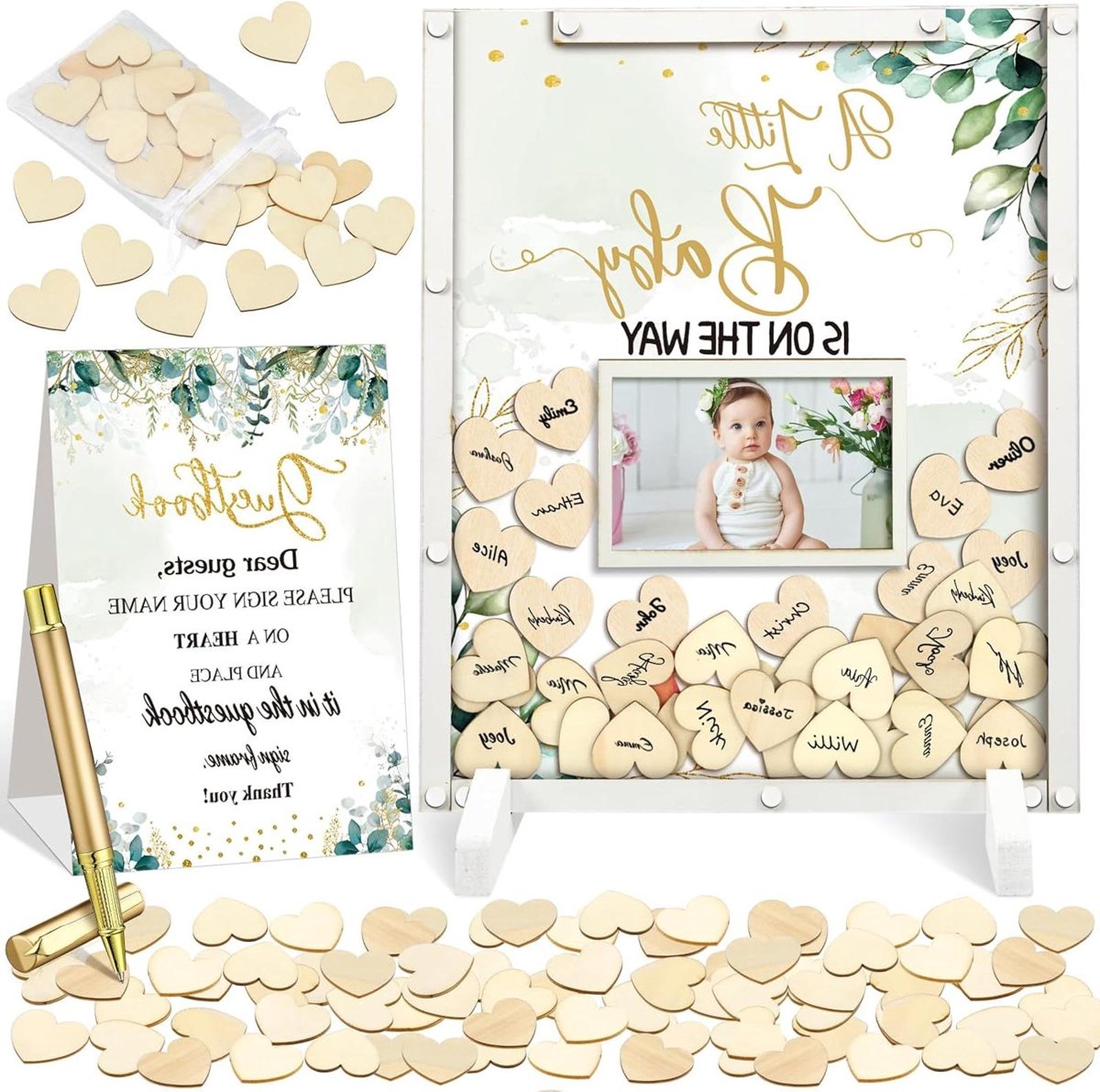 Gastenboek - Herinneringen Boek - Feest Registratie - Met Houten Hartjes - 30 x 35 cm - Groen