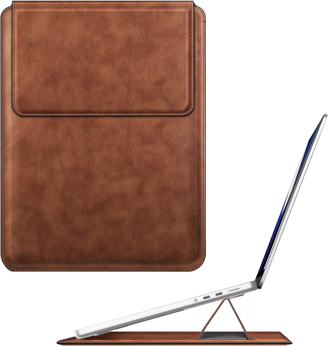 Laptop Sleeve 13.6 Inch met Stand voor MacBook Air en Pro, Slim en Stijlvol Ontwerp, Bruin