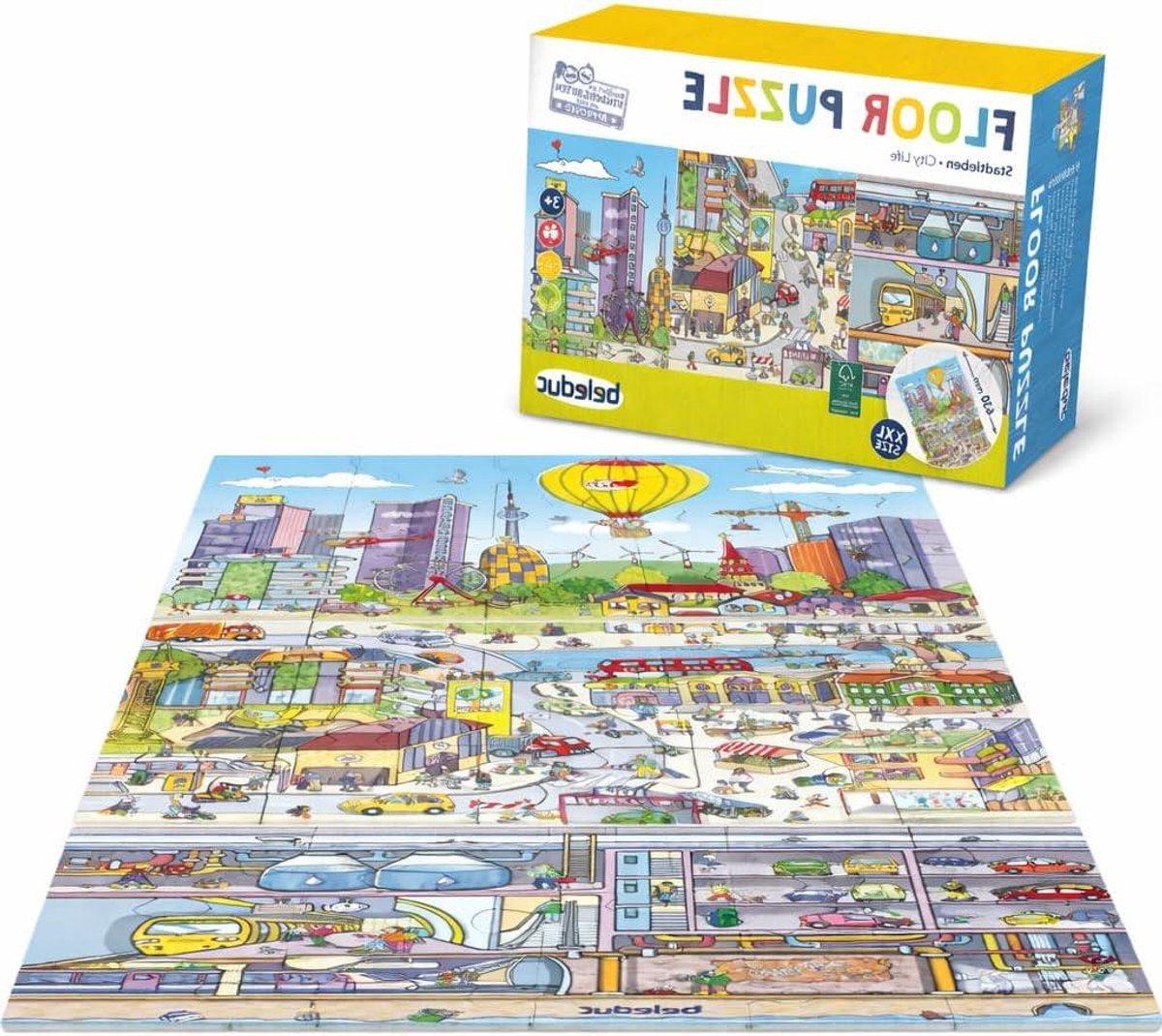 Vloerpuzzel Stad - Leerpuzzel XL - Spelenderwijs Leren - Grote Wimmelafbeelding - 92 x 92 cm - Multicolor