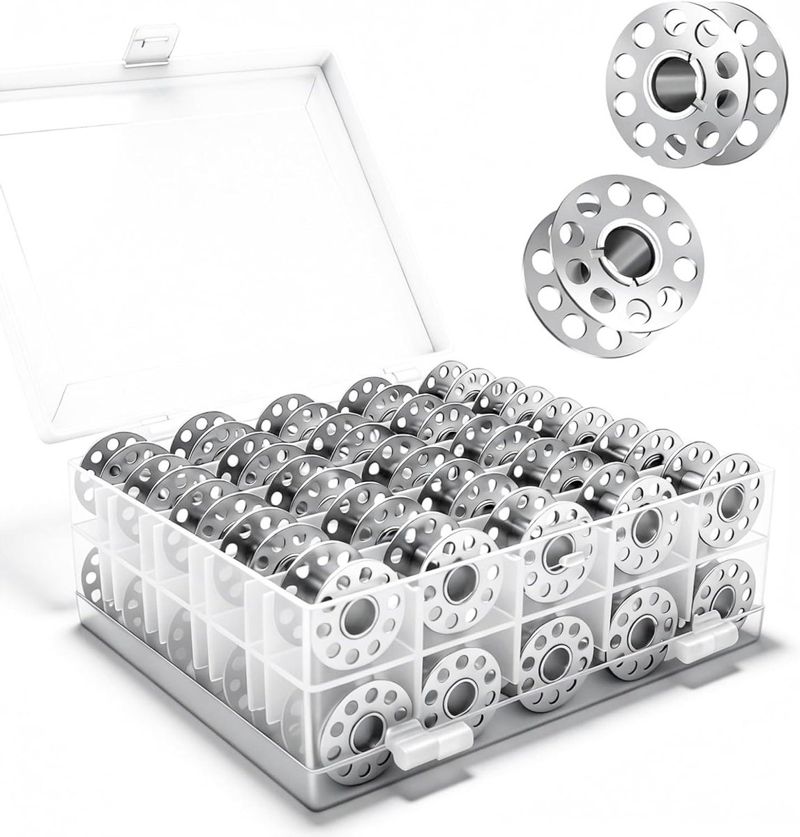 50 metalen spoelen voor naaimachine in transparante opbergdoos, naai-accessoires, metalen spoelen, naaimachine benodigdheden, handwerk materialen, creatief naaien