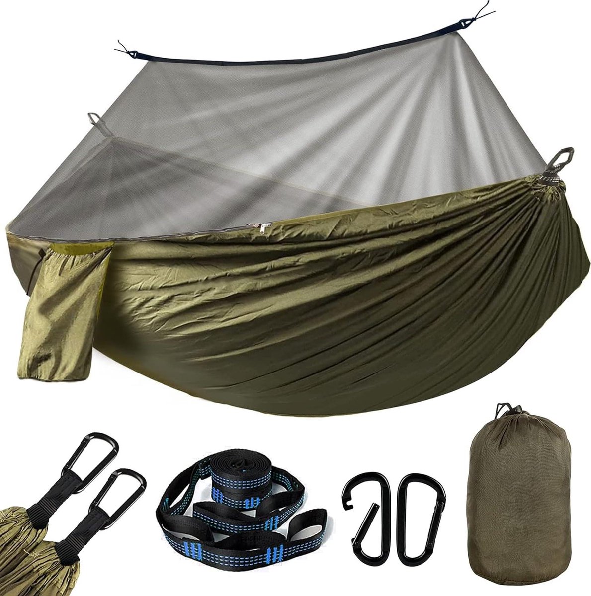 Hangmat met muggennet - Camping hangmat - Ontspannen buiten - Lichtgewicht en ademend - 275 x 140 cm - Olijfgroen