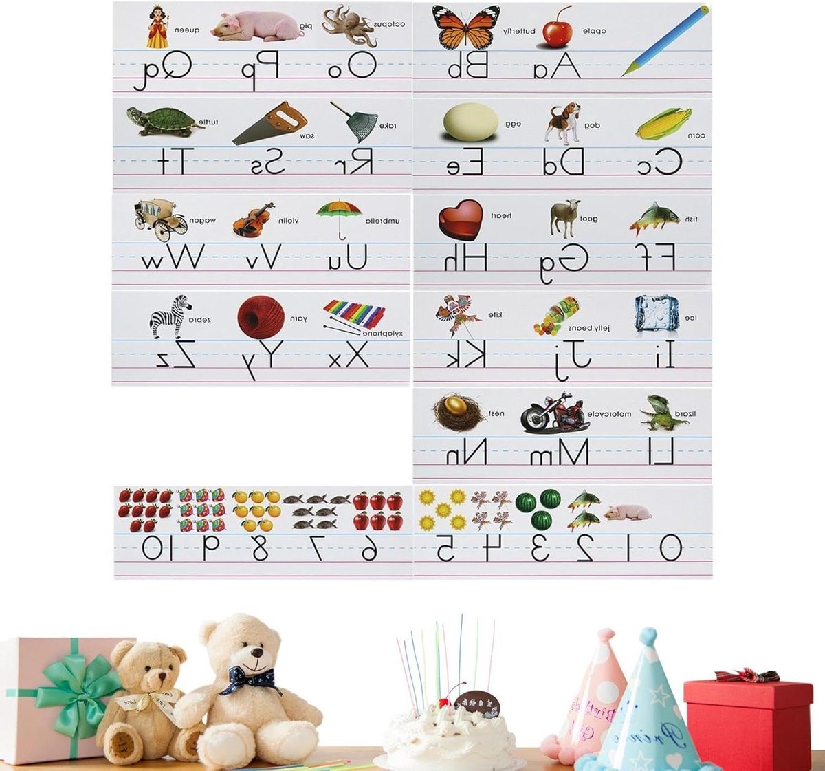 Alfabet Prikbord Set - Leerkaarten Educatief - Spelenderwijs Leren - Levendige Dierenillustraties - 41.9 x 13.9 cm - Multicolor