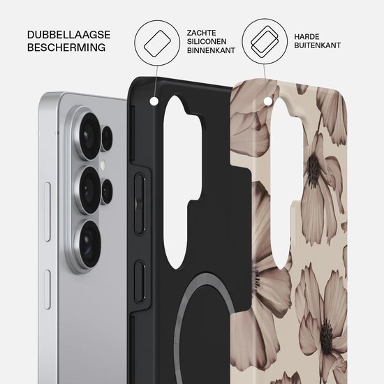 Detail van een telefoonhoesje met bloemenprint, met tekst 'DUBBELLAAGSE BESCHERMING', 'ZACHTE SILICONEN BINNENKANT' en 'HARDE BUITENKANT'.