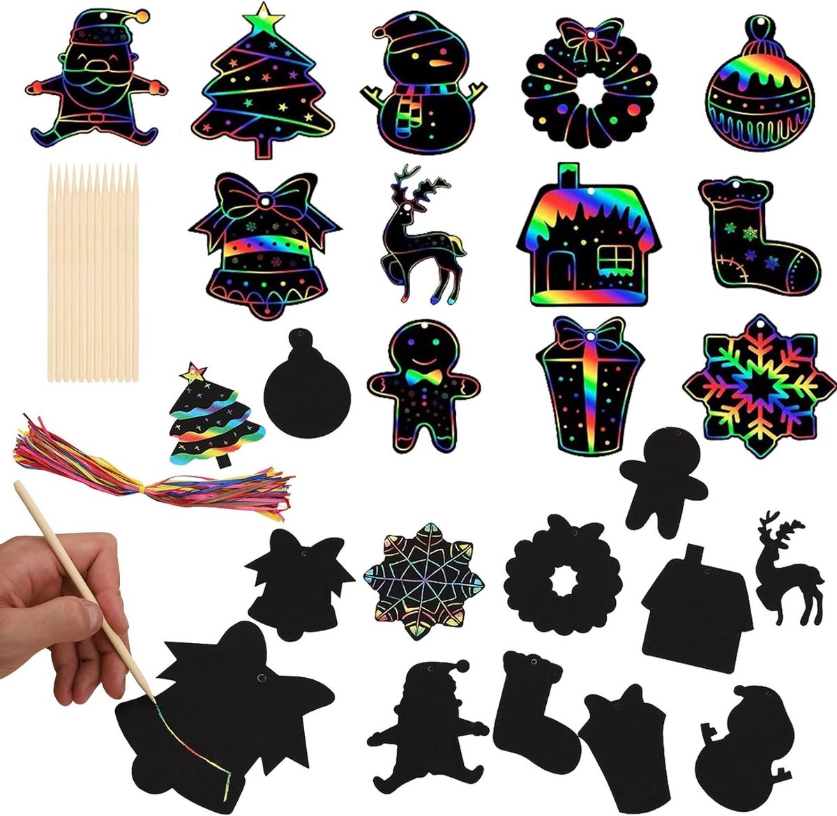 Krasafbeeldingen voor kinderen - Creatieve knutselset met houten stokken, 36 stuks, ideaal voor kerstversiering en regenboogprojecten