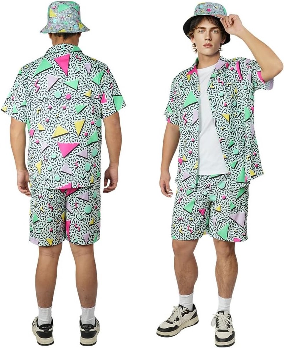 Retro 80-90s Outfit voor Volwassenen, Drie-delige Hip Hop Kostuum Set met Knopen, Disco Thema Shirts en Hoed voor Strandfeesten, Muziekfestivals en Maskerades (XL)