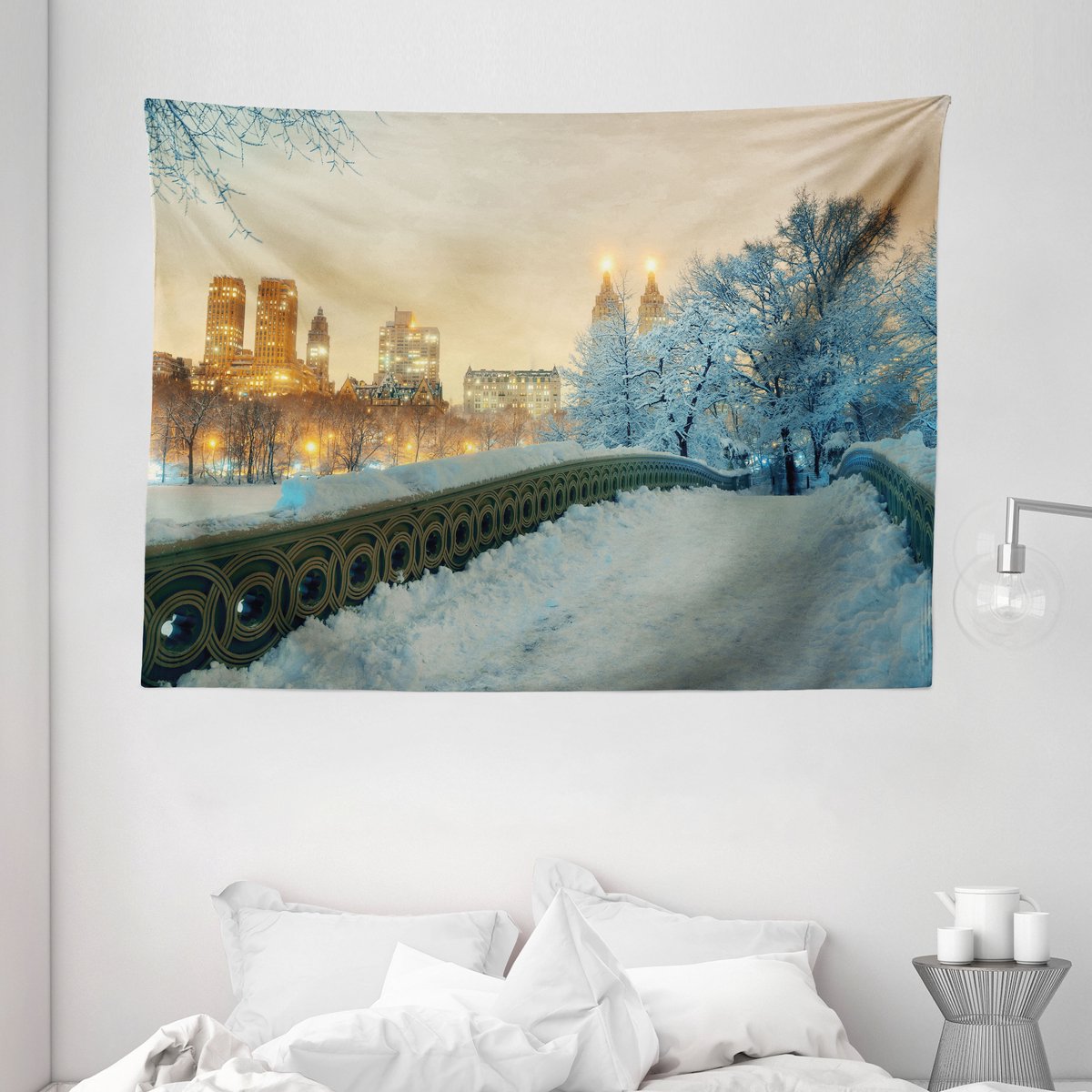 ABAKUHAUS Winter Wandtapijt en Sprei, Central Park in New York, 150 x 110 cm, Oranje Wit Olijfgroen Oranje, wit, olijfgroen