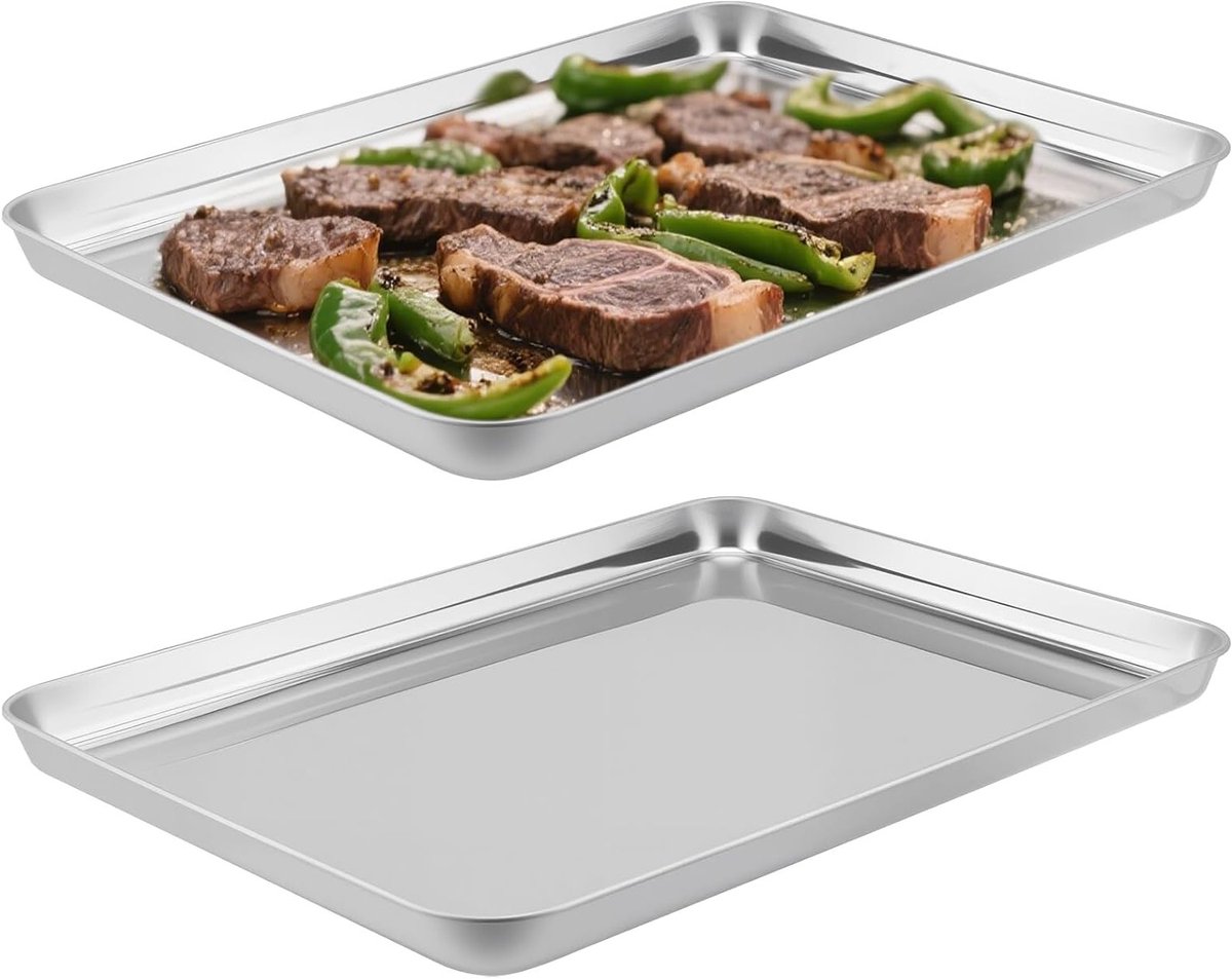 Set van 2 RVS Bakplaten, Grote Antiaanbak Griddle Pannen, Rechthoekige Ovenplaat voor Roosteren en Grillen van Koekjes