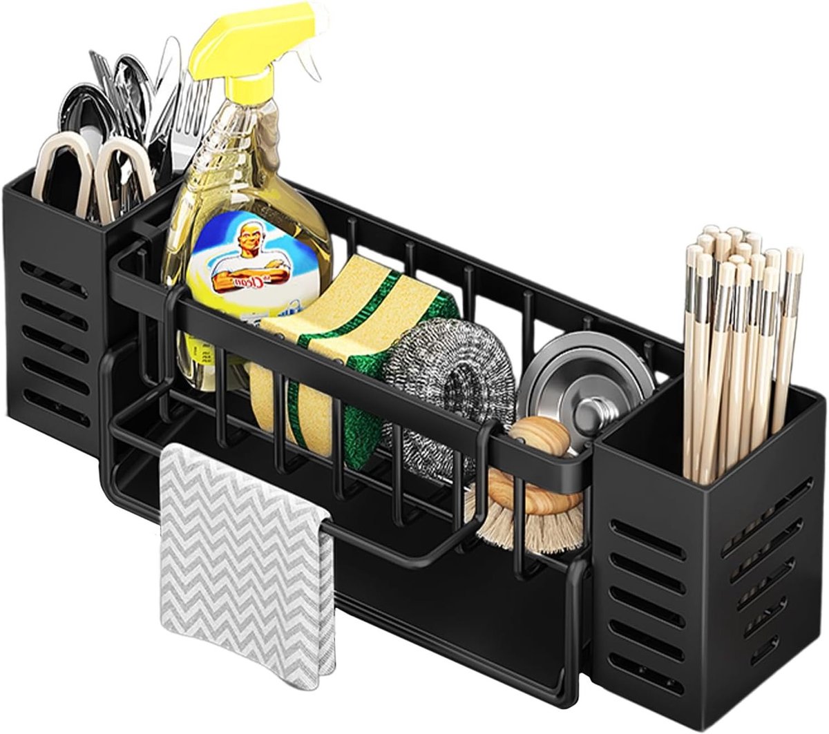 Keukenafvalhouder met automatische drainage, handdoekrek en 2 stick houders, zwart, voor een opgeruimd aanrecht en eenvoudige toegang tot spons en keukenaccessoires
