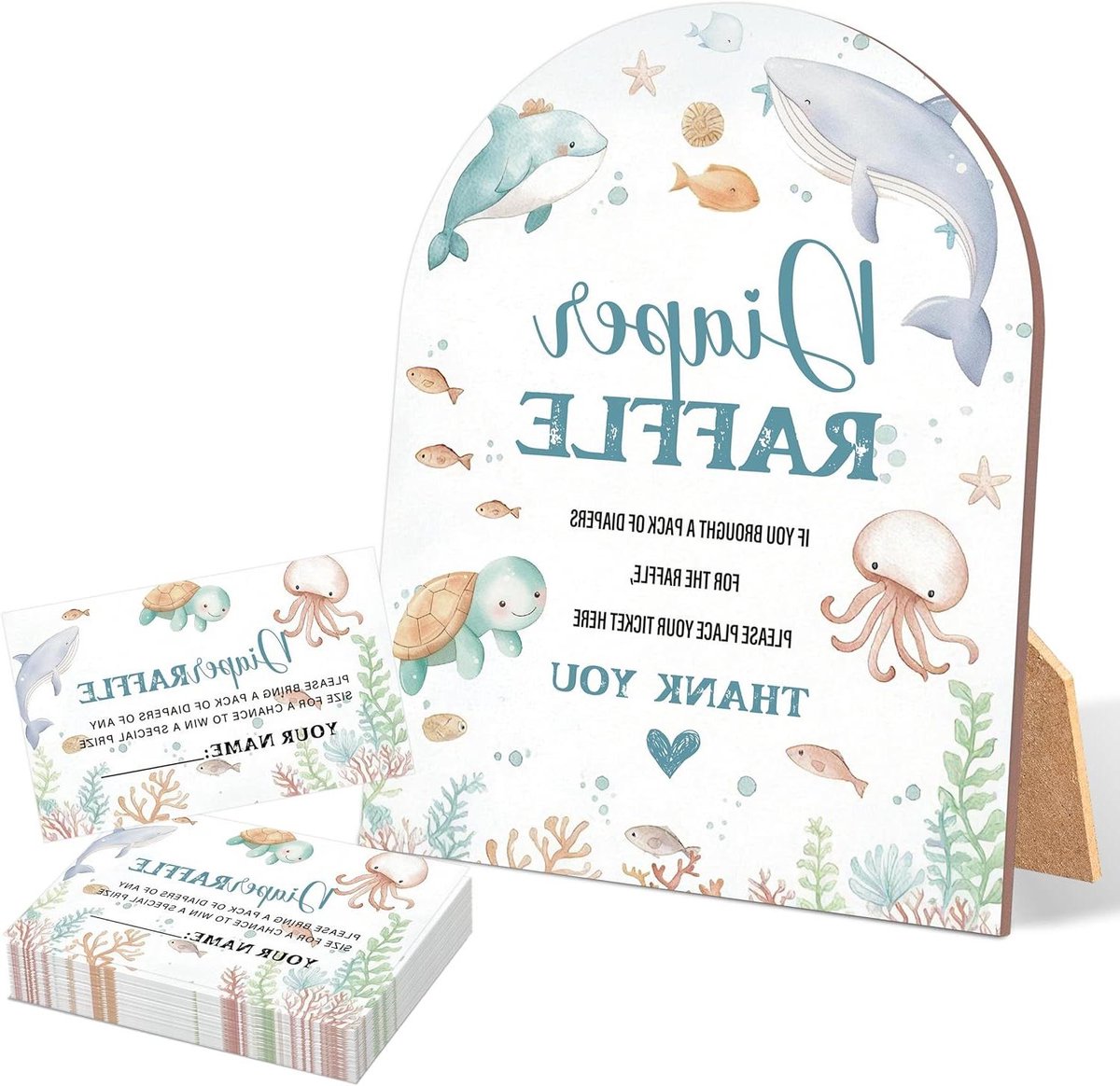 Luier Loterij Spel - Babyshower Spel - Feestelijke Aankleding - Houten Bord Met Standaard - 50 Tickets Inclusief - Oceaan Thema