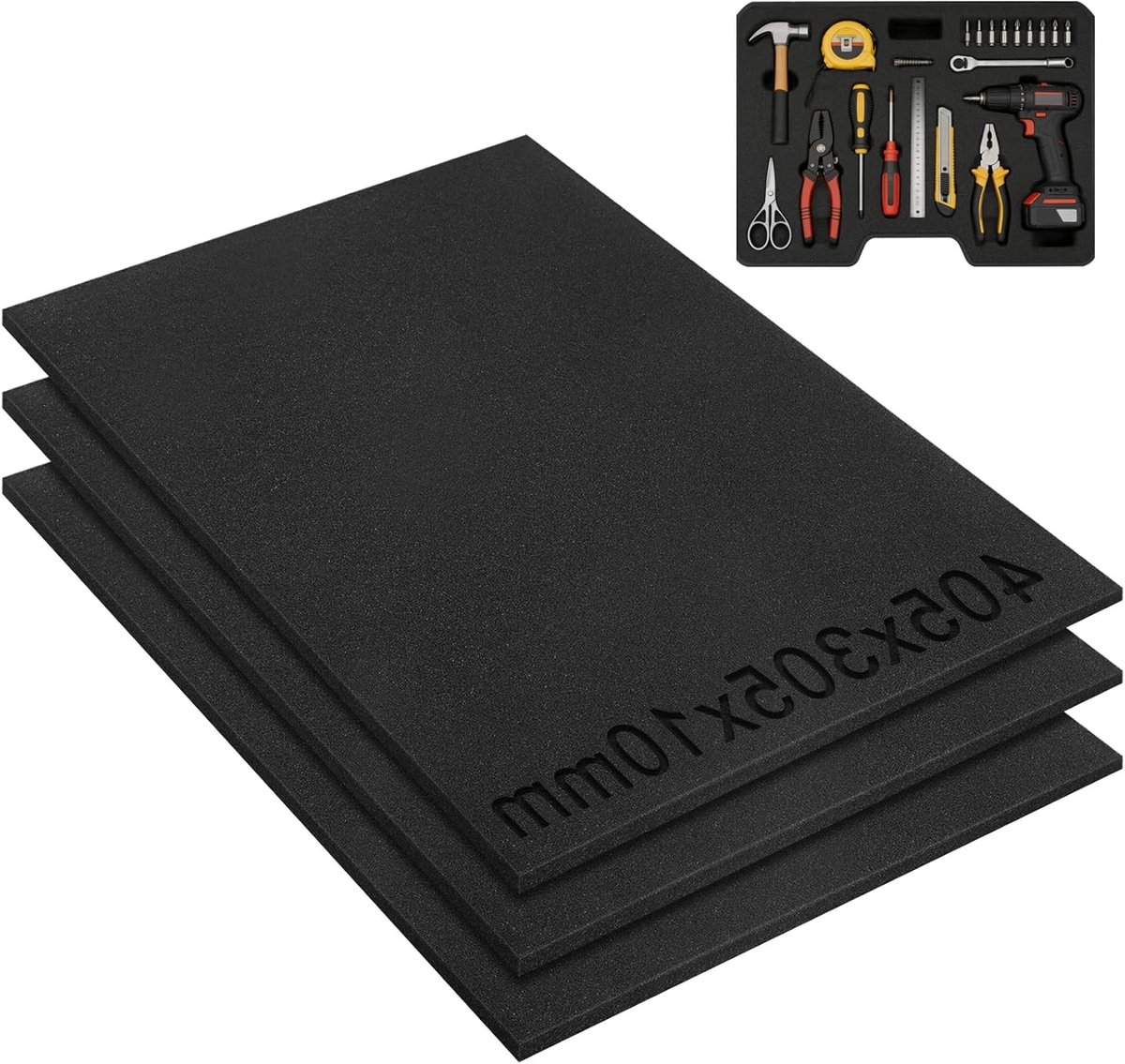 Set van 3 Zwarte Grid Schuimblokken 405 x 305 x 10 mm voor Gereedschap, Camera's en Cosmetica