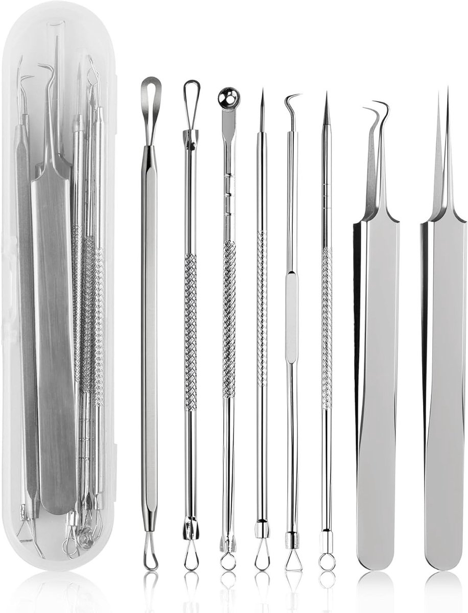 Professionele Set voor het Verwijderen van Mee-eters en Acne - 8 Delige RVS Comedone Extractor Kit met Opbergdoos voor Effectieve Huidverzorging en Pimple Verwijdering