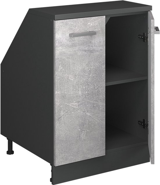 Donkergrijze kast met één deur in betonlook en een open vak. Metalen handgreep.