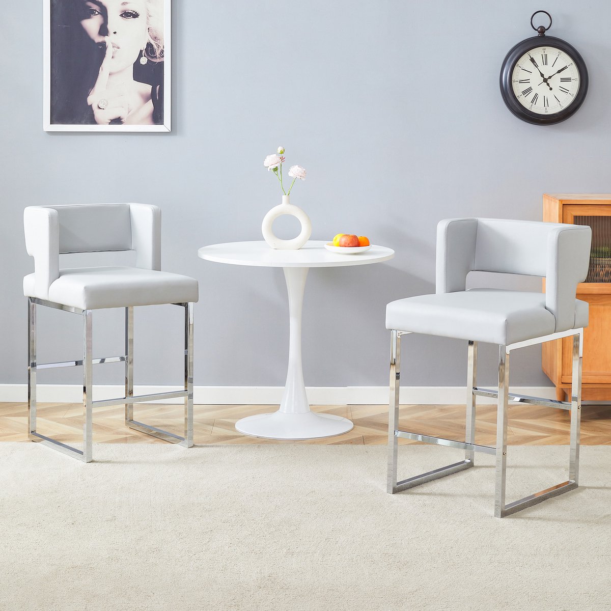 MIVRAY Barkruk 91,4 cm - Comfortabele Zitting Met Metalen Poten - Voor Bar En Keuken - PU Leer En Metaal - Lichtgrijs