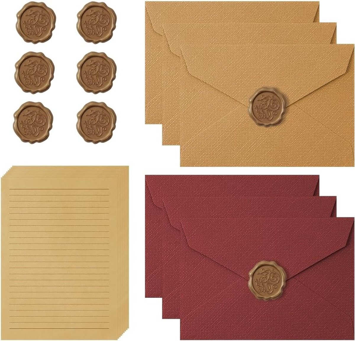 Vintage Briefpapier Enveloppen Set van 22 met 10 A5 Gelijnd Papier, 6 Linnen Enveloppen en 6 Waszegels voor Uitnodigingen en Liefdesbrieven, Perfect voor Creatieve Projecten en Correspondentie