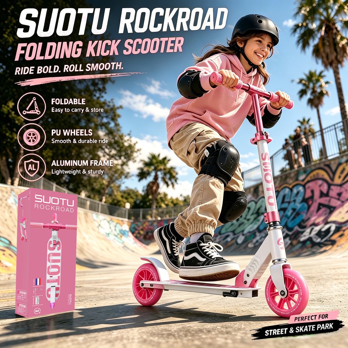 Suotu Kinderstep - 145mm Lichtgevende Wielen - Step - Speelgoed Jongens/Meisjes - Max stuurhoogte: 85 cm - Aluminium - Roze/Wit — afbeelding 2