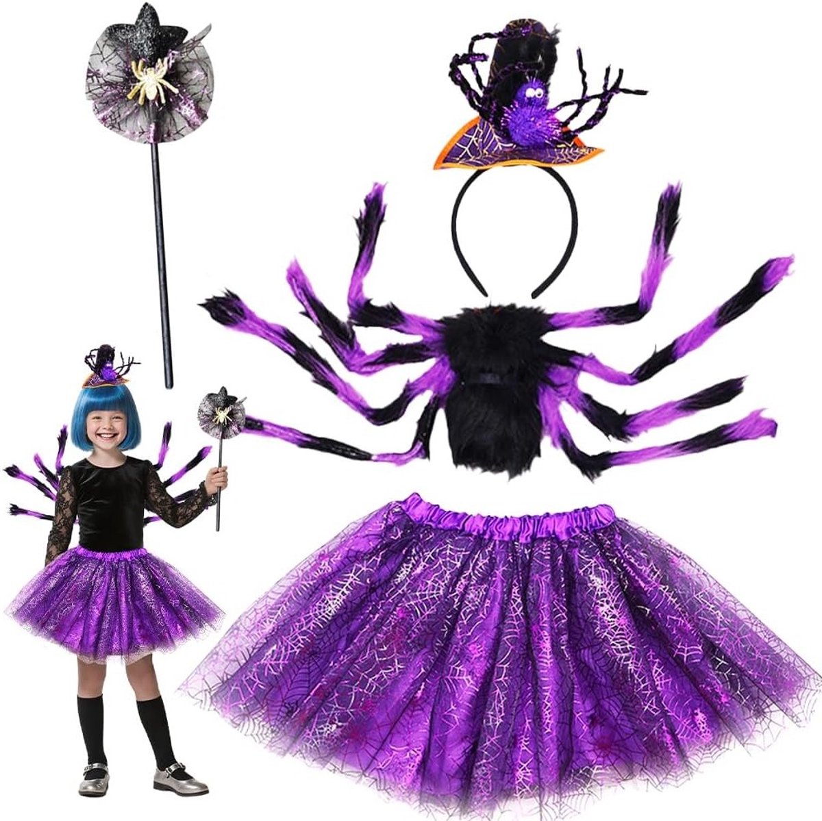 Kinderen Tovenaarskostuum met Bat, Tutu, Hoofdband en Rugzak voor Halloween en Carnaval voor Meisjes van 4-10 Jaar