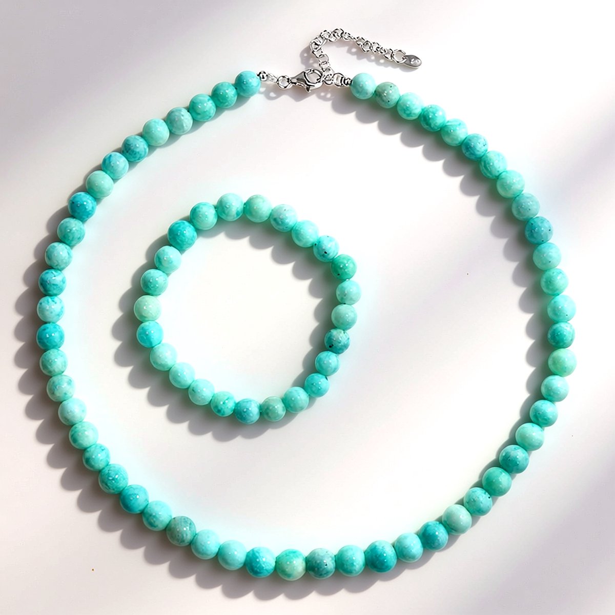 Cavill - 925 Sterling Zilveren Sieradenset met 8mm Indiase Amazoniet - 2-delig ketting & armband - Elegant blauwgroen rond slijpsel