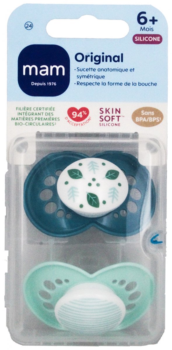 MAM 2 Originele Klassieke Fopspenen Vanaf 6 Maanden (Modellen : Blauwe bladeren en groene strepen) van MAM — afbeelding 2