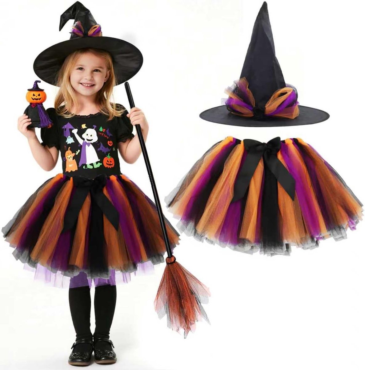Griezelig meisjesheks kostuum met kleurrijke tule rok en hoed voor Halloween en carnaval