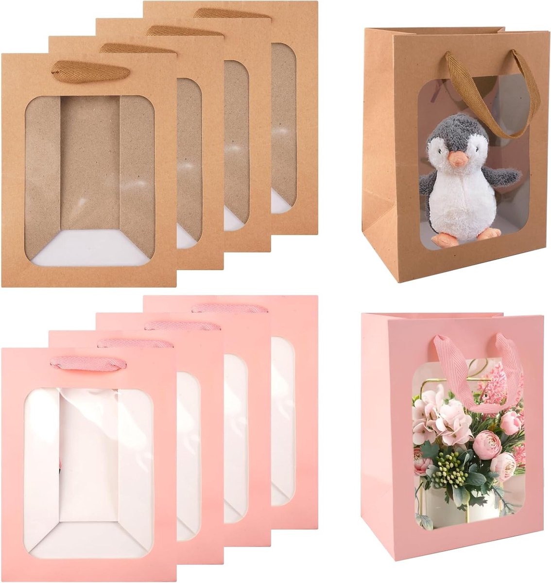 Kraft Papieren Cadeauzakken met Venster - 10 Stuks - Herbruikbare Papieren Winkeltassen voor Cadeaus, Verpakkingen en Feestjes