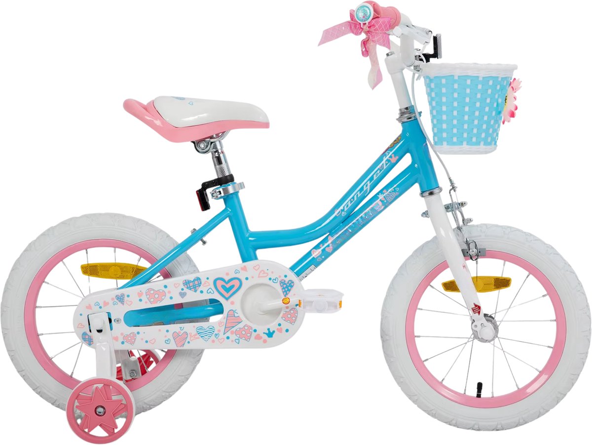 Happiq Meisjesfiets – Voor peuters en kinderen van 2-9 jaar – Met zijwieltjes mandje handrem & standaard – Blauw 41 cm