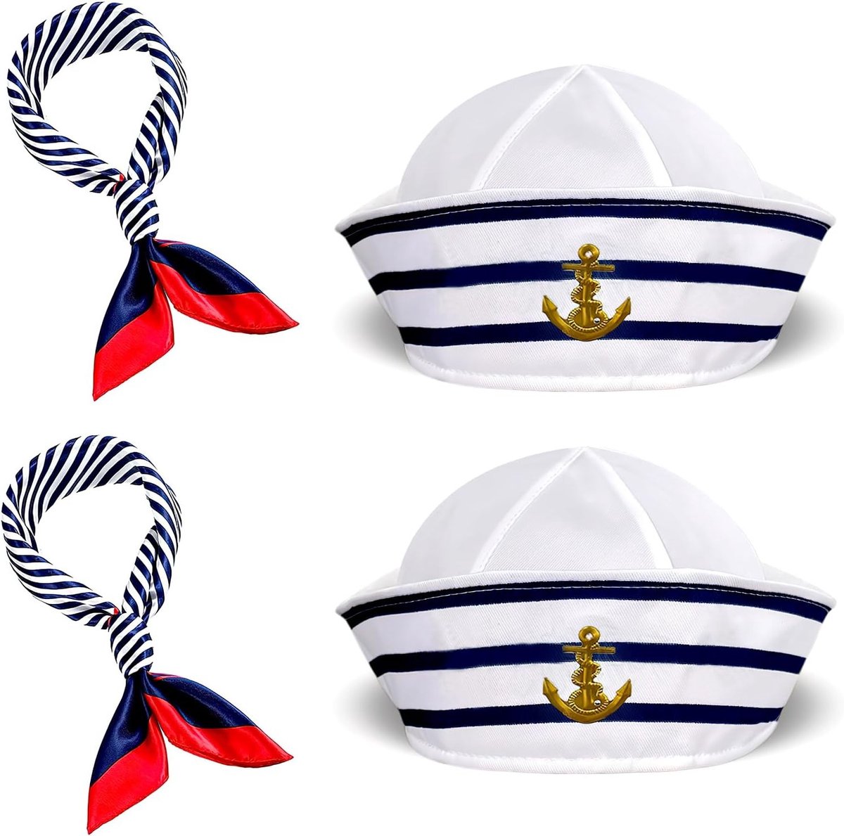 Strepen zeeman hoed en sjaal set voor mannen en vrouwen, maritiem kostuum, eenmaat, blauw-wit met rode rand, 2 sets