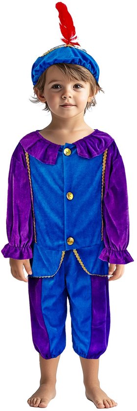 Jongetje in paars met blauwe pietenkleding met gouden bies, rode veertjes op de baret.