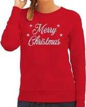 Foute Kersttrui / sweater - Merry Christmas - zilver / glitter - rood - dames - kerstkleding / kerst outfit M (38)