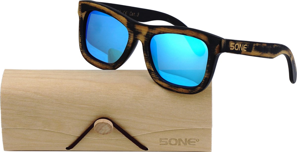 5one® Bamboo Vintage Blue - houten zonnebril - blauwe spiegellens