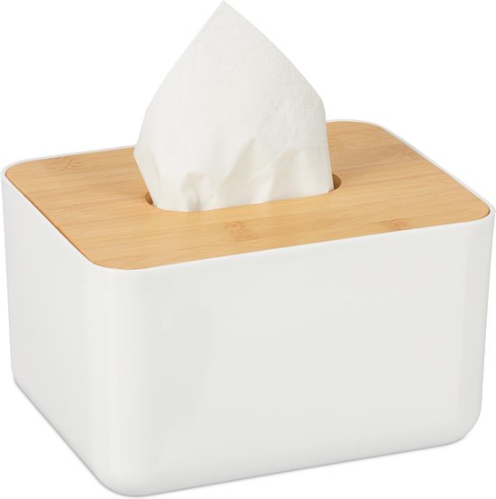 Relaxdays tissue - tissuehouder - tissue doos - - bamboe deksel - wit | bol.com