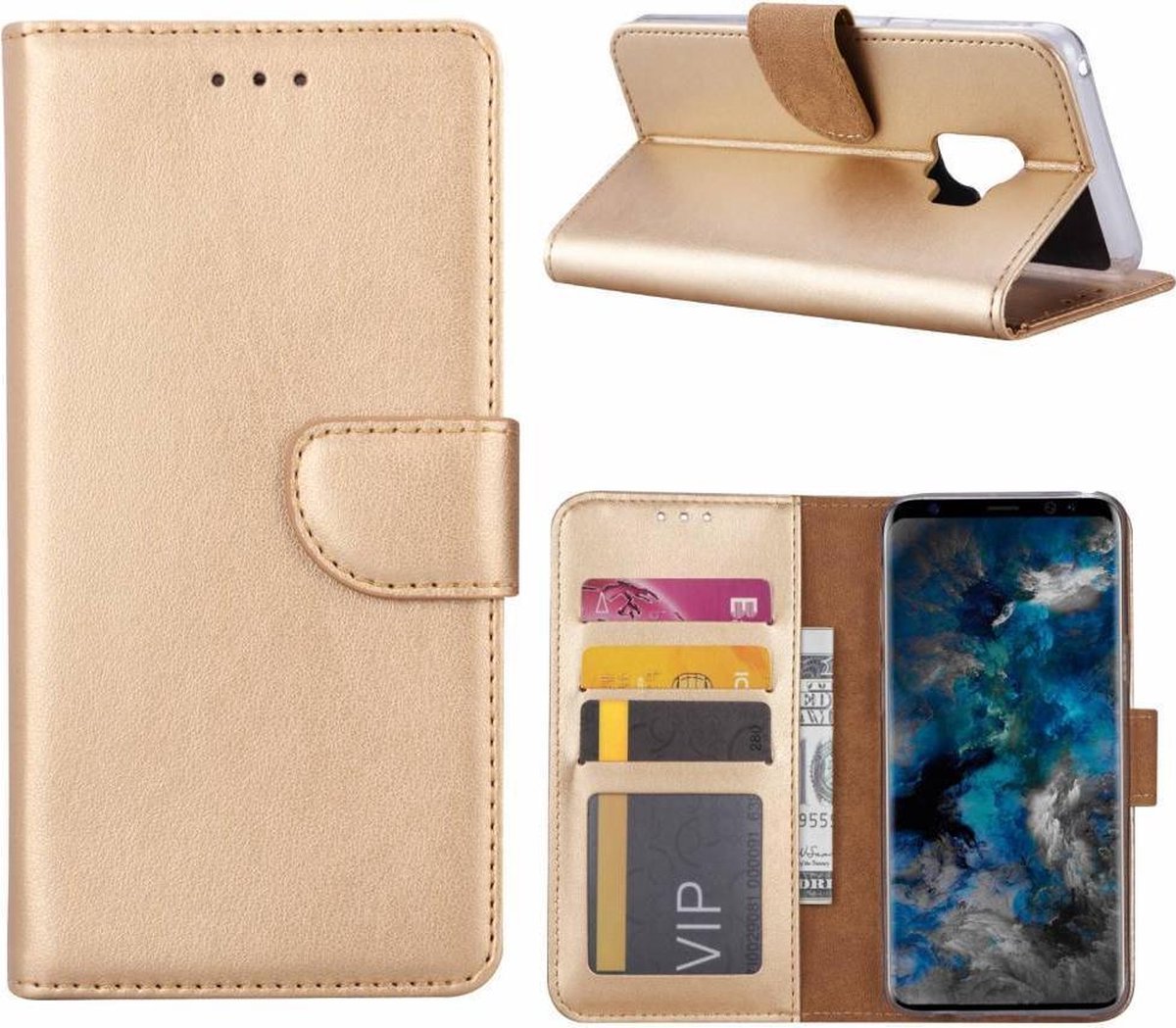 Samsung Galaxy S9 Telefoon Hoesje met pasjeshouder TPU Lederen Hoesje Goud - van Bixb