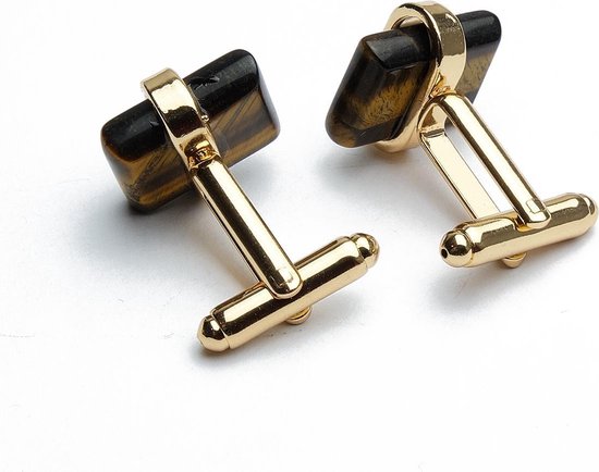 Boutons De Manchette œil De Tigre - Pierre Gemme Ronde Cabochon - Monture 18k Plaqué Or - Style Fixe Arrière