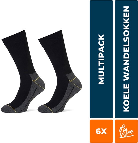 Paar zwarte wandelsokken met grijze hiel en teen, met gele accenten. "Multipack" "Koele Wandelsokken" "6X"