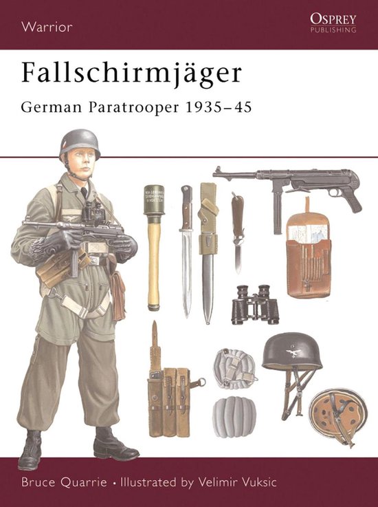 Omslag van 'Fallschirmjäger German Paratrooper 1935-45'. Met een illustratie van een Duitse parachutist met wapens en uitrusting.