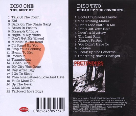 Achterkant van Pretenders cd-album met tracklists voor twee discs en een streepjescode onderaan.