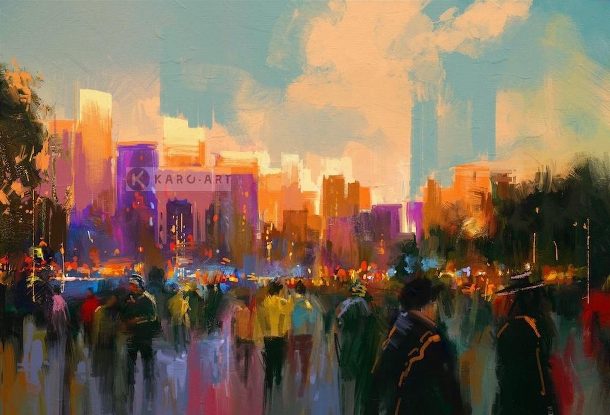 karo-art Schilderij - Zonsondergang in het park, Multikleur , 2 maten , print op canvas, Wanddecoratie