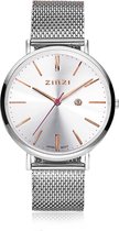 ZINZI Retro horloge zilver gekleurde wijzerplaat en kast met rosé wijzers stalen mesh band 38mm extra dun ZIW412M