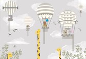 Fotobehang - Vlies Behang - Giraffen, Dieren en Luchtballonnen - Kinderbehang - 368 x 280 cm